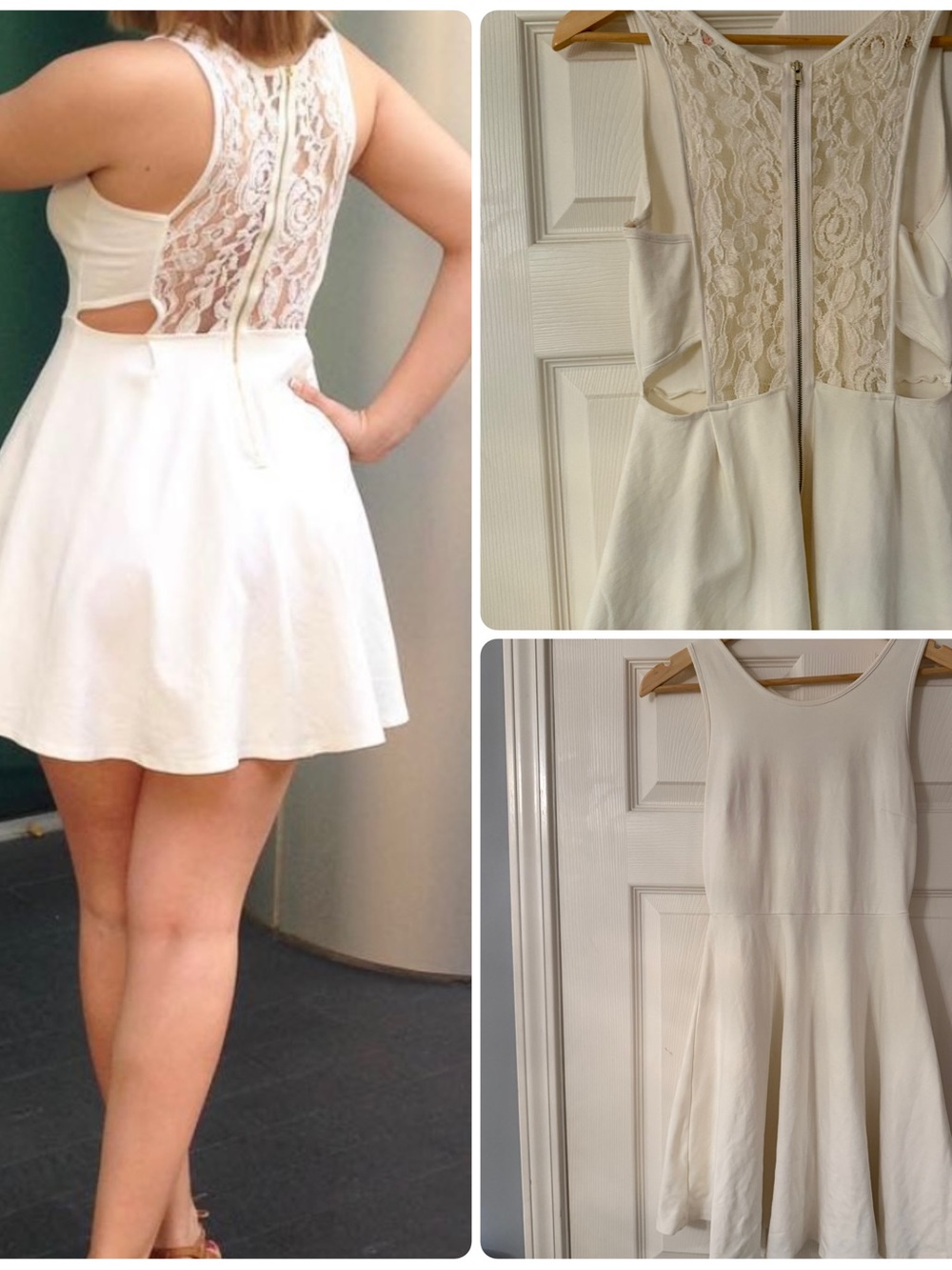 White Ivory Cream Lace-Back Key Hole Cut Out Sleeveless Skater Dress Fit Flare